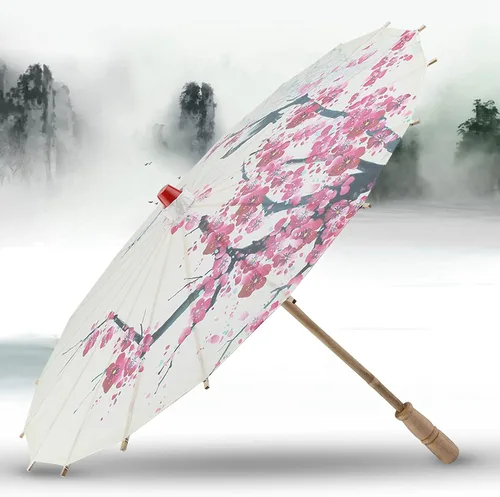Vista 9 de Sombrilla japonesa hecha a mano de papel aceitado Paraguas de arte chino Danza clásica Parasol Flor de ciruelo para fotografía, fiestas de boda