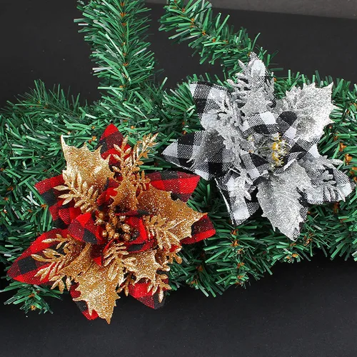 Vista 4 de 24 flores de Pascua de Navidad de 4.7 pulgadas con purpurina roja búfalo a cuadros de flores de nochebuena para adornos de árbol de Navidad