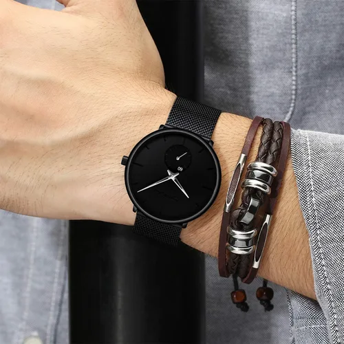 Vista 5 de CRRJU Reloj de pulsera analógico de cuarzo para hombre, esfera negra con correa de malla