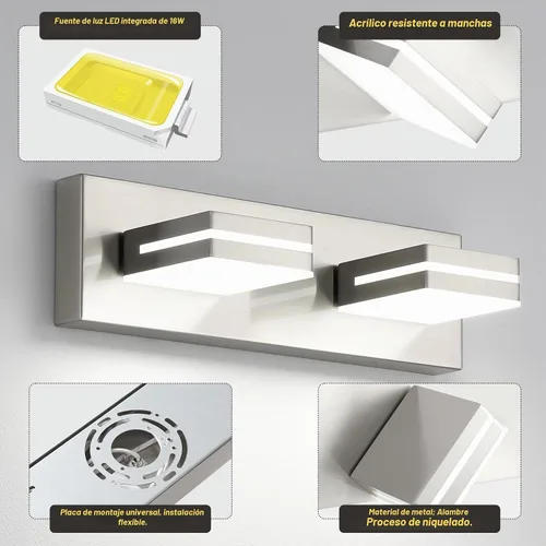 Vista 6 de OKELI - Lámpara de tocador de baño de 2 luces, níquel cepillado, moderna, lámpara frontal para espejo, para baño, escaleras, pasillo, regulable