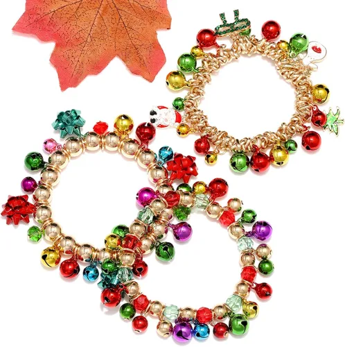Vista 7 de ARATLENCH Pulsera de campanas de cascabel de Navidad, arco colorido, muñeco de nieve, árbol de Navidad, pulsera elástica con cuentas, novedosa