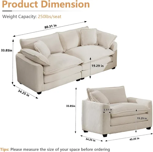 Vista 2 de Juego de sofá de 2 piezas de gran tamaño para sala de estar, sofá biplaza y sofá individual, asiento modular modular profundo de pana cómodos sofás