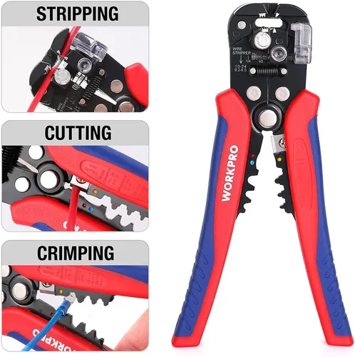 Vista 5 de WORKPRO Pelacables autoajustable, pelacables automático 3 en 1, cortador/engarzador, AWG10-24, alicates múltiples de 8 pulgadas para pelar cables