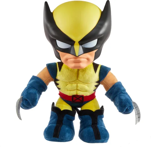 Vista 3 de Mattel Marvel X-Men Peluche con sonidos y voz, coleccionable Wolverine de 1997 con traje amarillo y estilo de animación retro