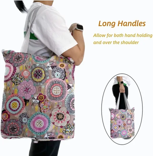 Vista 4 de NC - Bolsas grandes plegables, impermeables, ligeras, duraderas, reutilizables, resistentes, para compras diarias, estilo floral colorido con cierre