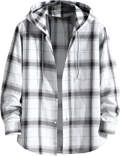 Vista 6 de Camisa a cuadros con botones para hombre, ligera, casual, de manga larga, ajuste holgado, UPF 50+, con capucha y protección solar