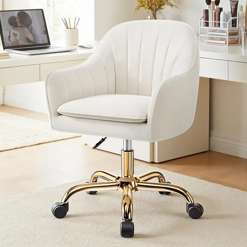 Vista 2 de Silla de tocador con ruedas, silla de oficina en casa chapada en titanio dorado, 300 libras, moderna silla giratoria de terciopelo para maquillaje
