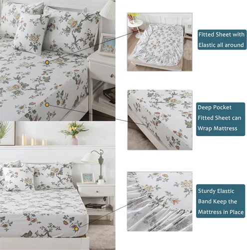 Vista 5 de FADFAY Elegante juego de sábanas con estampado de pájaros beige desgastado, 100% algodón, ultra suave, para niñas, con bolsillo profundo, 4 piezas