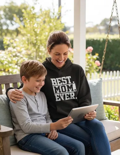Vista 4 de Tstars Sudadera con capucha Best Mom Ever para mujer, acogedora sudadera para el día de la madre, regalo para madres de hija o hijo Mejor / Negro