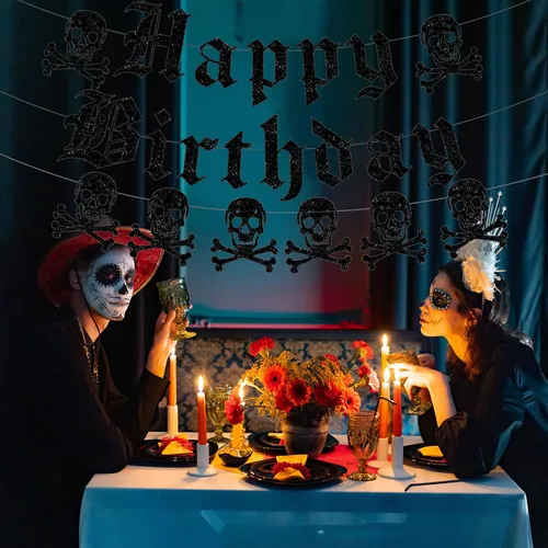 Vista 4 de Cartel gótico de feliz cumpleaños, guirnalda de calavera inglesa antigua con purpurina negra, divertida pancarta de cumpleaños funerario para fiesta