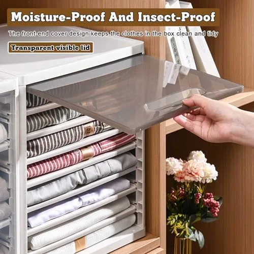 Vista 4 de Stackable Closet Organizer for Folded Clothes - 6 Partition Plastic Storage Bins with Lids, Drawer Organizer, Grey - Ideal for Efficient Closet