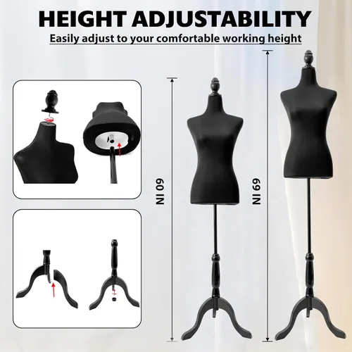 Vista 4 de Forma de vestido femenino ajustable, torso de maniquí pinable con soporte de trípode para exhibición