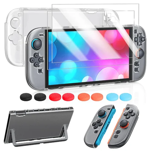 Vista 15 de FYOUNG Protective Case for Switch, Slim Hard Shell for Switch Accessories, Scratch&Shock Protection Cover with Screen Protector, 8 Thumb Grip(Clear