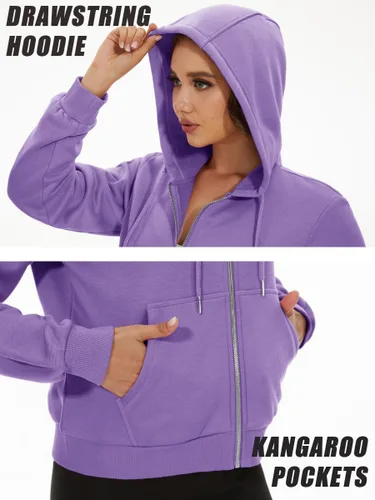 Vista 6 de MAGCOMSEN Sudadera corta con capucha para mujer, forro polar, con cremallera completa, con bolsillos