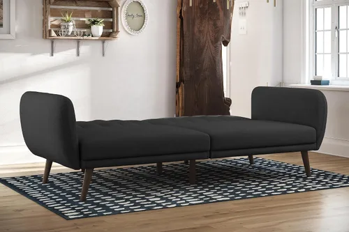 Vista 17 de Novogratz Brittany - Sofá cama tipo futón de 82 pulgadas de piel sintética, tapizado con respaldo copetudo, diseño moderno de mediados de siglo