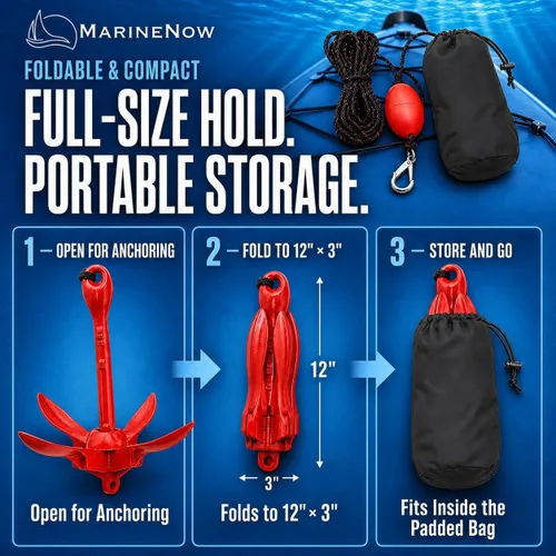 Vista 4 de MarineNow Kit de anclaje de grapnel de 3.5 lb – Anclaje plegable con cuerda de grado marino de 25 pies, boya, gancho a presión y bolsa