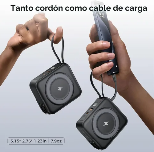 Vista 3 de Banco portátil del poder del cargador 10000mAh construido en cables y enchufe de pared PD 22.5W USB C carga rápida, carga inalámbrica magnética