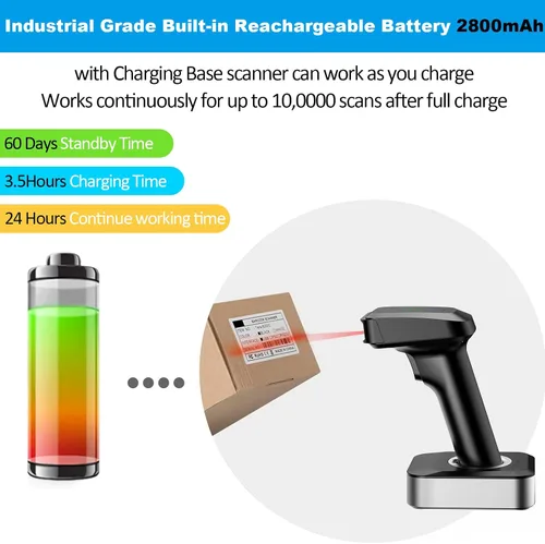 Vista 5 de Alacrity Escáner de código de barras inalámbrico QR 2D con base de carga e indicador de nivel de batería Bluetooth y 2.4 GHz inalámbrico y USB