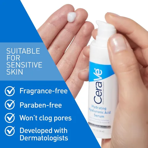 Vista 4 de Cerave Suero de ácido hialurónico para la cara con vitamina B5 y ceramidas, suero facial hidratante para piel seca, sin fragancia, 1 onza