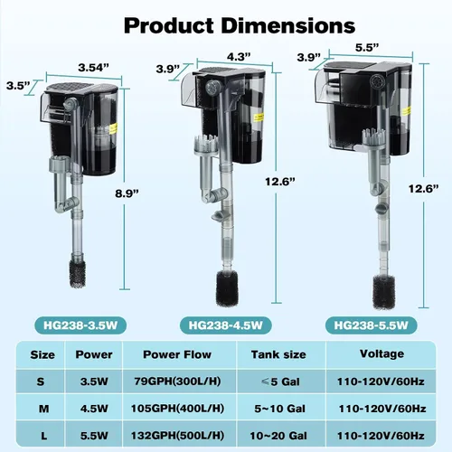 Vista 7 de hygger Filtro de acuario para colgar en la parte posterior, sistema de filtración de cascada de filtro de pecera, flujo de agua ajustable