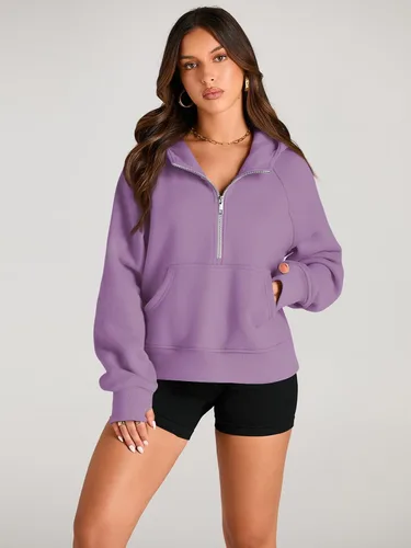 Vista 2 de AUTOMET Sudaderas con media cremallera, sudaderas cortas con capucha de forro polar para mujer, sudadera con cremallera de un cuarto, trajes