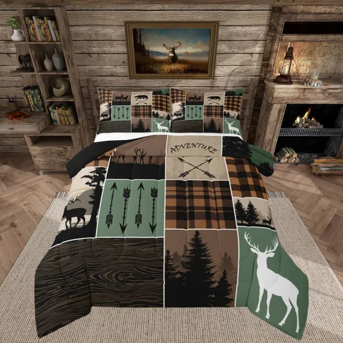 Vista 44 de Juego de edredón de cabaña rústica navideña, juego de ropa de cama estilo rústico con diseño de osos y ciervos, tamaño completo, patchwork Multi 08