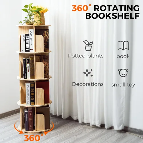 Vista 4 de Estantería giratoria, estantería giratoria de 4 niveles, estantería de madera, estantería de pie con pantalla de 360 grados para niños y adultos