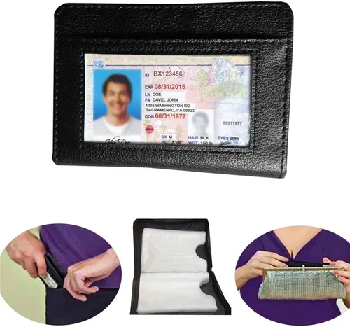 Vista 6 de Cartera de piel con bloqueo RFID para hombres y mujeres con cremallera, gran capacidad de almacenamiento, Marrón, Negro