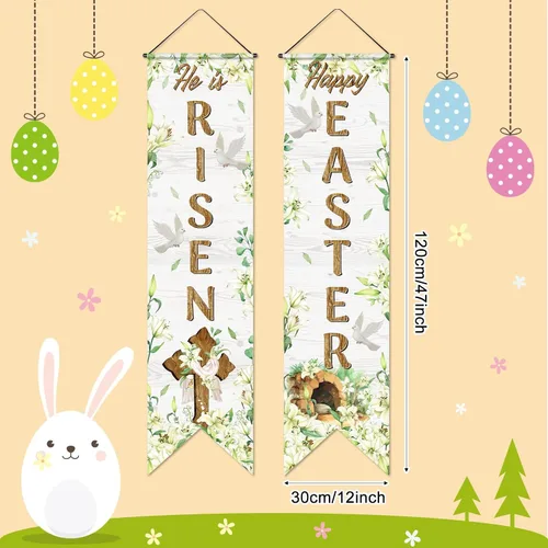 Vista 3 de Outus Cartel de feliz Pascua para porche con texto en inglés «He Is Risen» para puerta delantera, decoración de pared para colgar en la pared, fondo