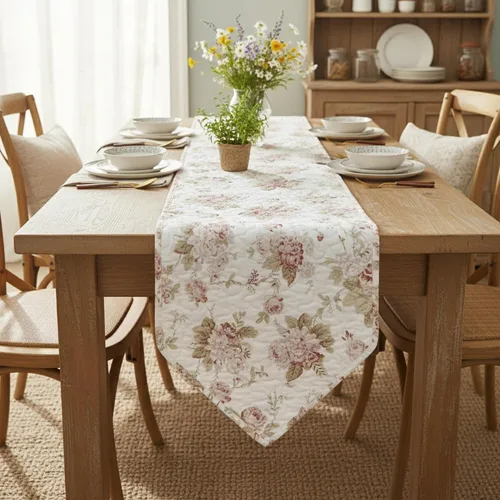 Vista 6 de DaDalogy Bedding - Camino de mesa de comedor acolchado floral con rosas de algodón – Bonito tapete decorativo de algodón para el jardín, bar