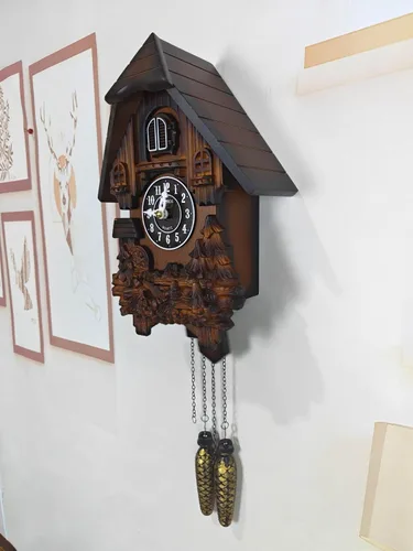 Vista 4 de Reloj de cuco con modo nocturno, decoraciones talladas a mano y péndulo oscilante