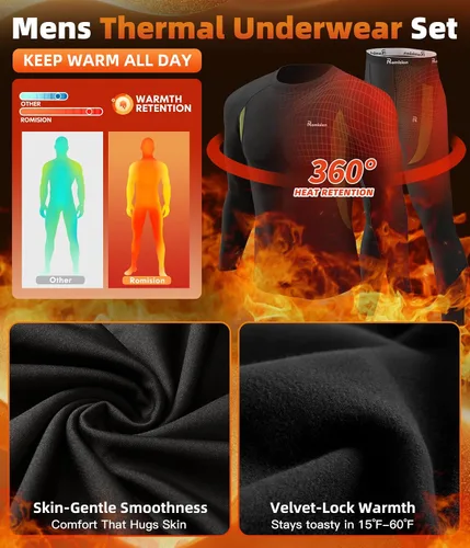 Vista 4 de romision 2 Pack Thermal Underwear for Men Long Johns Fleece Lined Hunting Gear Bottom Top Set Base Layer Cold Weather XS-4XL