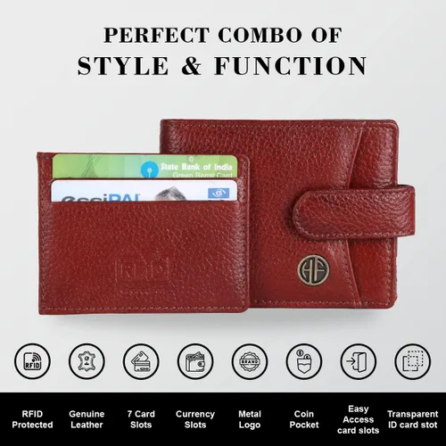 Vista 3 de Cartera de piel de napa marrón con protección RFID para hombre, 5 ranuras para tarjetas, 1 bolsillo para monedas, 2 compartimentos ocultos, 2