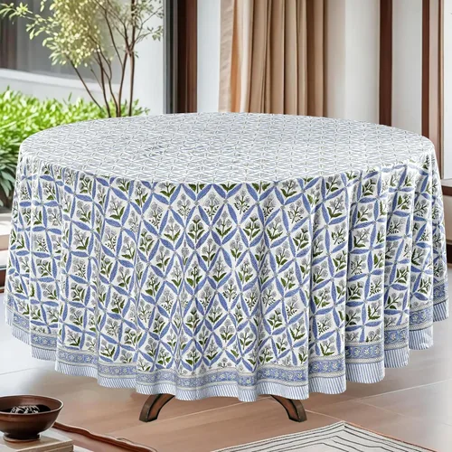 Vista 27 de Mantel redondo con estampado de bloque a mano, 100% algodón, reutilizable, turquesa, verde musgo, 90 pulgadas, mantel decorativo para uso diario