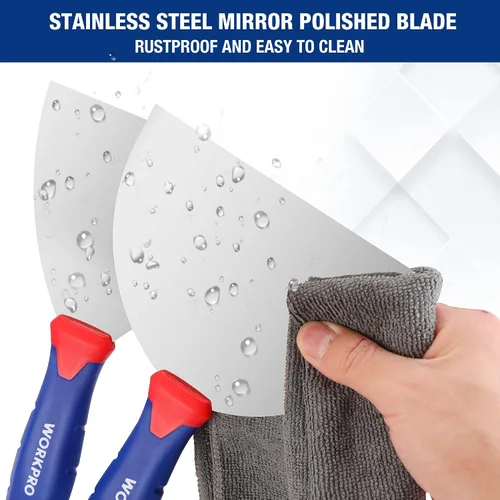 Vista 5 de Juego de cuchillos para paneles de yeso WORKPRO, cuchillo de cinta de acero inoxidable con hojas de 4", 6", 8", 10", 12" y extremo de martillo