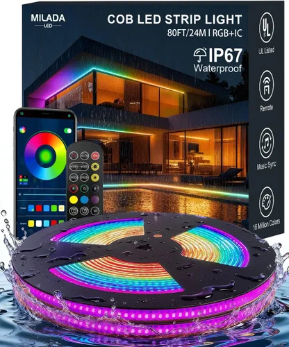 Vista 10 de Luces de tira LED COB, RGB Smart IC, IP67 Impermeable, Regulable 20FT/6M, Tira de luz con flujo de color con control de aplicación y sincronización