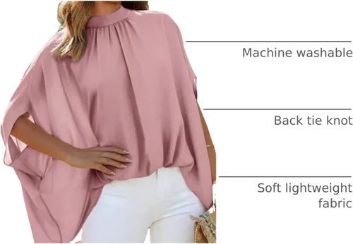 Vista 54 de BTFBM Blusas de verano para mujer, cuello alto falso, manga murciélago, holgadas, dobladillo alto y bajo, blusas informales de gran