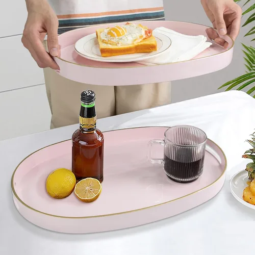 Vista 5 de MAONAME Juego de 2 bandejas decorativas rosadas, bandeja ovalada con asas