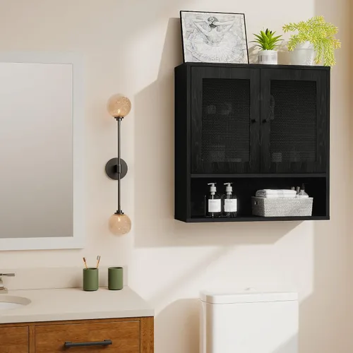 Vista 8 de Gabinete de pared del cuarto de baño, botiquín de la rota montado Ratán negro