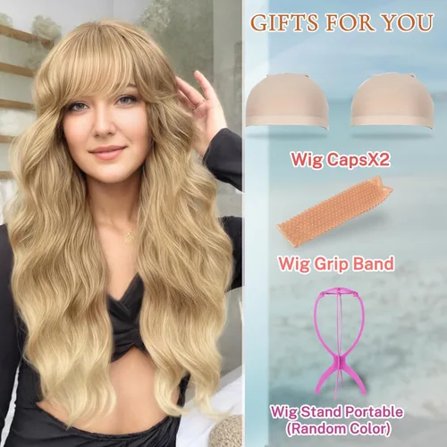 Vista 3 de Peluca rubia con flequillo de 26 pulgadas de largo, rizada, ondulada para mujer, pelucas rubias degradadas con flequillo, aspecto natural, pelucas
