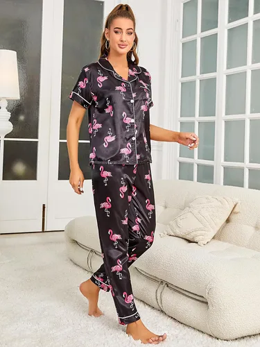 Vista 6 de WDIRARA Conjunto de pijama de 2 piezas para mujer, camisa de manga corta y pantalones de satén a rayas