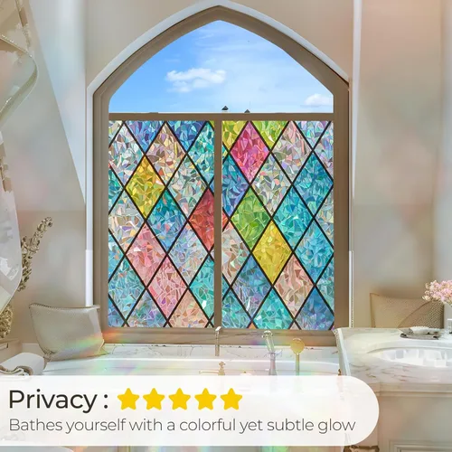 Vista 3 de Lámina de privacidad para ventana Windimiley con diseño de vidrio manchado: adhesivo estático decorativo floral 3D arcoíris con control de calor