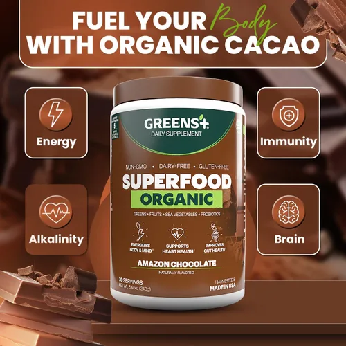 Vista 5 de Green Plus Organics Chocolate amazónico súper alimento Sin OMG Suplemento dietético verde – 8,46 oz Boost Energy, mezcla esencial de alimentos