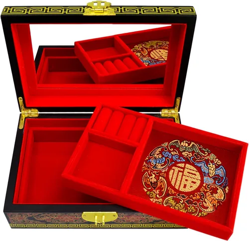 Vista 5 de Fengshuibringluck Joyero tradicional con diseño de dragón y fénix, organizador de joyas de madera, regalo para el Día de la Madre, soporte pequeño