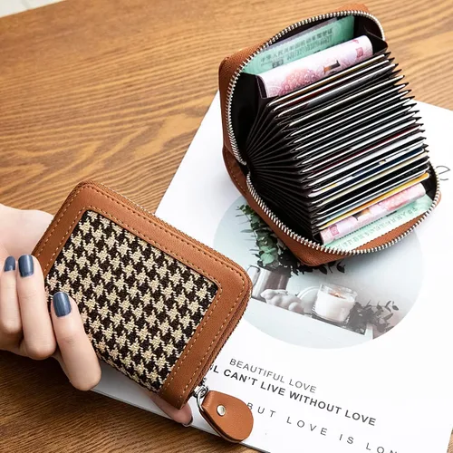Vista 2 de Tarjetero de tarjetas de crédito con cremallera para mujer bloqueo RFID fundas para tarjetas de visita para mujer marrón