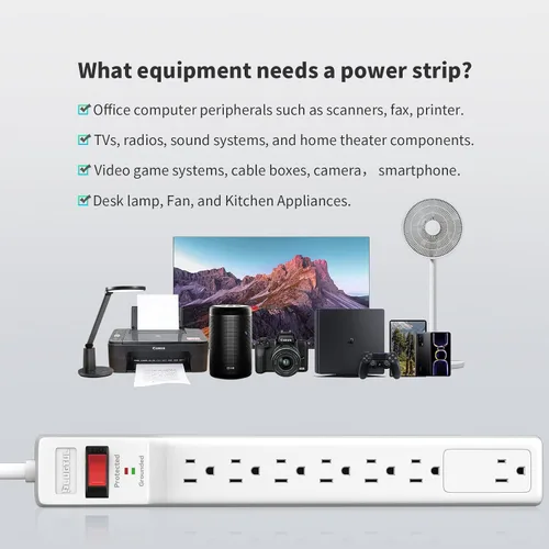 Vista 8 de Protector de sobretensiones de 12 pies (900 julios), tira de alimentación de enchufe plano, cable de extensión de 12 pies con múltiples tomas, 7