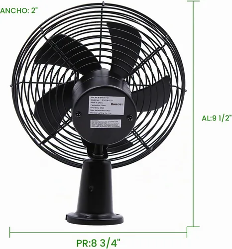 Vista 6 de Ventilador de refrigeración RV de 12 V con interruptor de 2 velocidades, ventilador de metal negro resistente de 8.75 pulgadas, 12 voltios de CC