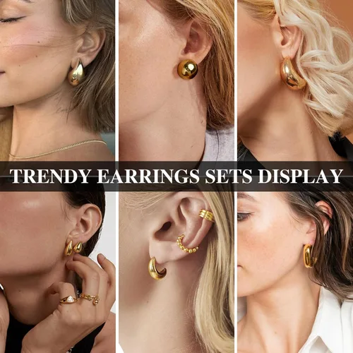 Vista 3 de LOUMILEO 6 Pairs Chunky Gold Hoop Earrings Set for Women 14K Gold Plated Teardrop Waterdrop Earrings Dupes Lightweight Hypoallergenic Gold Earrings