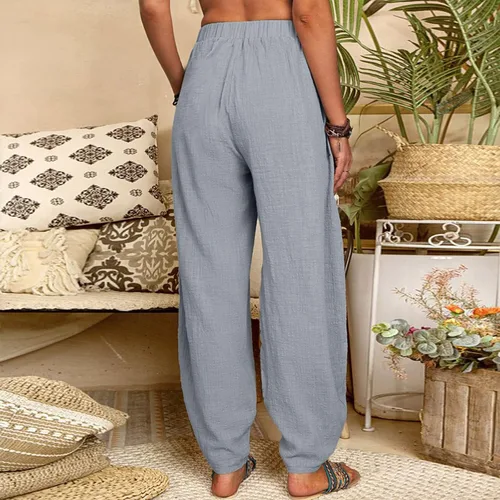 Vista 3 de Clearance - Pantalones harén de lino para mujer, estilo bohemio, de verano, pierna ancha, holgados, pantalones capri para playa, yoga, bolsillos