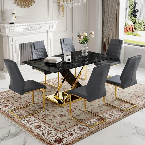 Vista 12 de Juego de mesa de comedor de mármol para mesa rectangular blanca de 6.63 pulgadas con marco de metal plateado en forma de X y 6 sillas de comedor